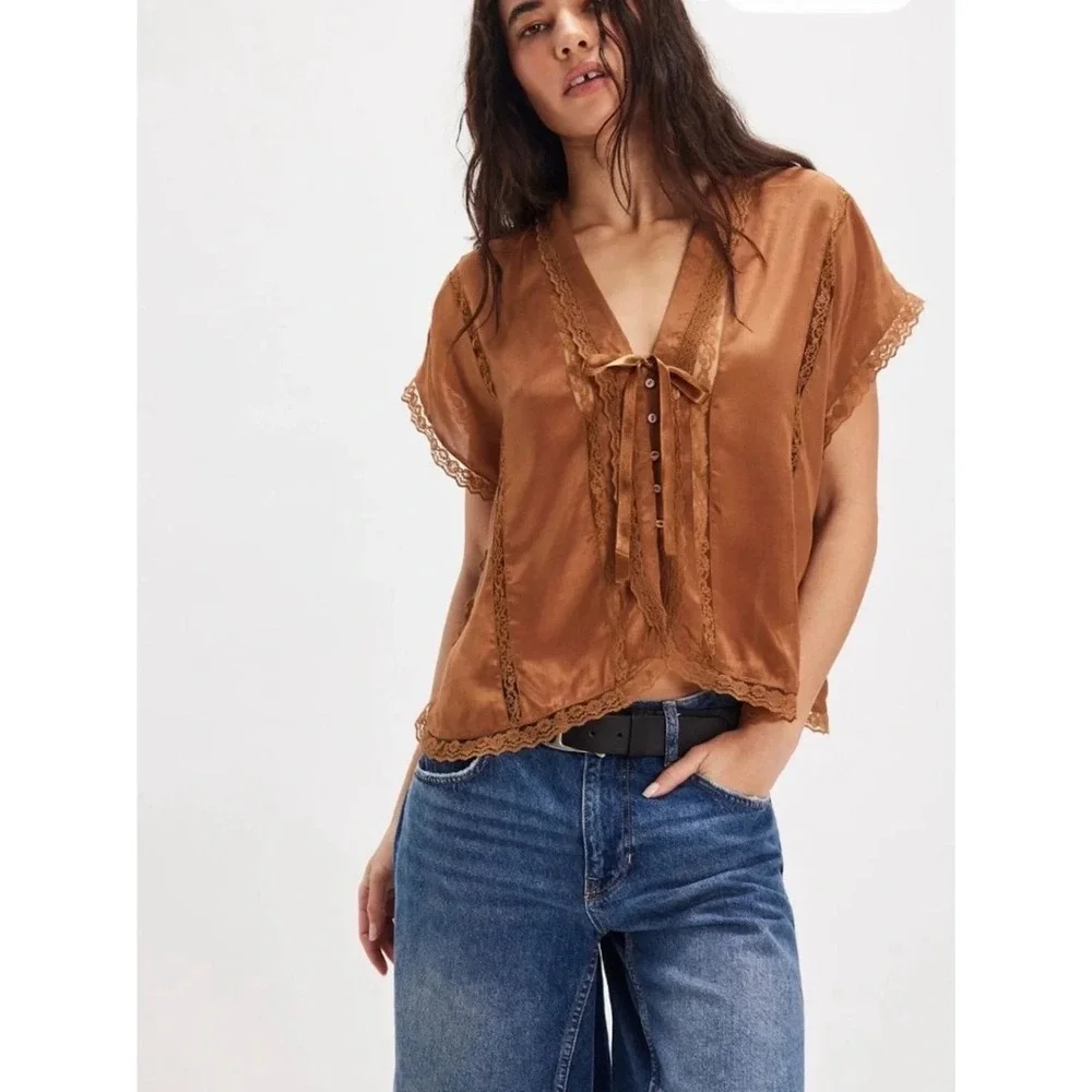 Free People Lace Trim Satin Tie Front Blouse Bronze Brown NWT